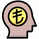 brain, business, coin, financial, head, lira, money