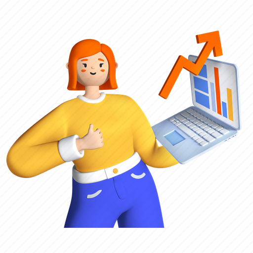 Girl, laptop, growth, statistics 3D illustration - Download on Iconfinder