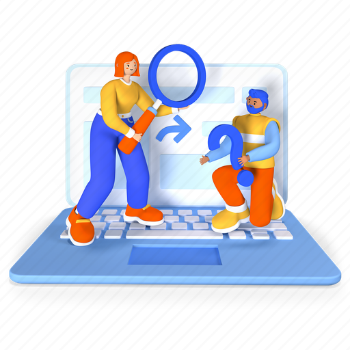 People, laptop, question, tech support 3D illustration - Download on Iconfinder