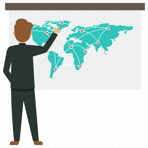 Businessman with world map, global business, global business presentation, international business presentation illustration - Download on Iconfinder