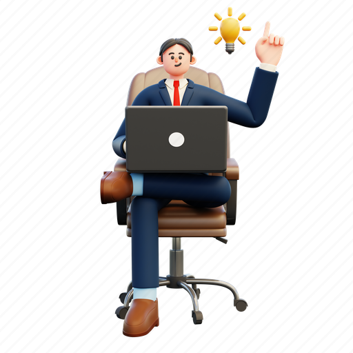 Sit, business, idea, man, character, lamp, bulb 3D illustration - Download on Iconfinder