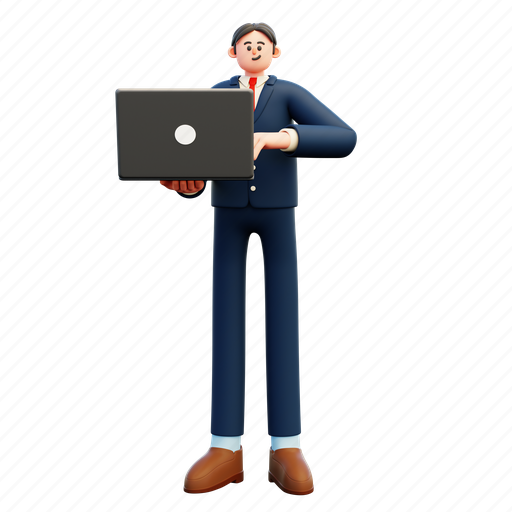 Stand, using, laptop, business, man, character, notebook 3D illustration - Download on Iconfinder