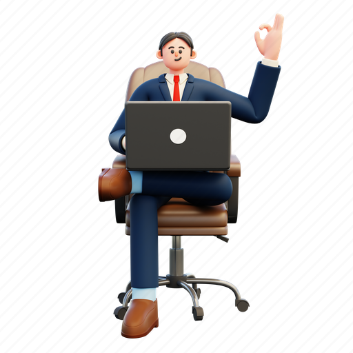 Working, laptop, ok, gesture, business, man, character 3D illustration - Download on Iconfinder