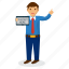 business expert, businessman with board, cartoon character, happy businessman, professional presenter 