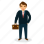 businessman mascot, businessman with briefcase, cartoon character, happy businessman, professional person 