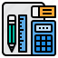 stationery, rubber, pen, calculator, ruler 