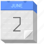 calendar, date, day, june, second 