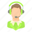 cartoon, customer, green, headset, male, operator, service 
