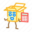 calculator, hold, cardboard, box, character, package