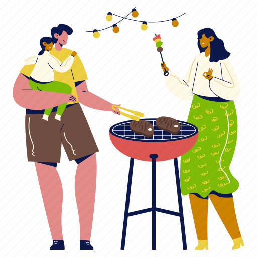 Happy family enjoying bbq dinner, grill, bbq, beef, skewer, family, parents illustration - Download on Iconfinder