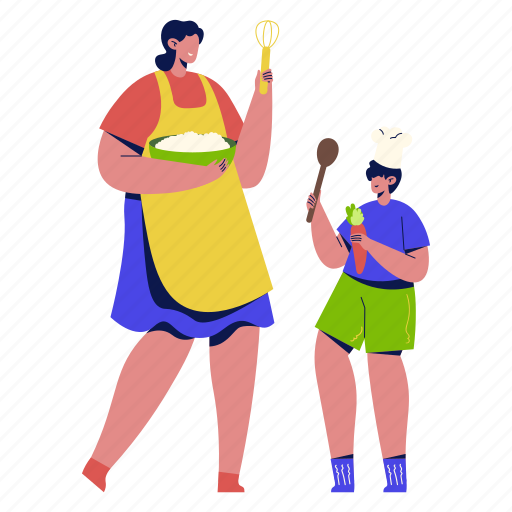 Mother cooking with child, cooking with mom, learn to cook, chef, cooking, family, parents illustration - Download on Iconfinder