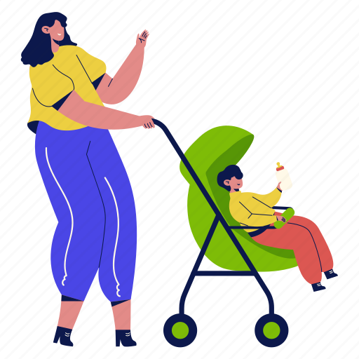 Walking with baby stroller, baby stroller, go for a walk, mom, toddler, family, parents illustration - Download on Iconfinder