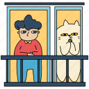 window, man, cat, coffee break, drinking, pet, friend