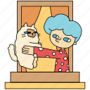 window, man, holding, cat, cat lover, pet, playing