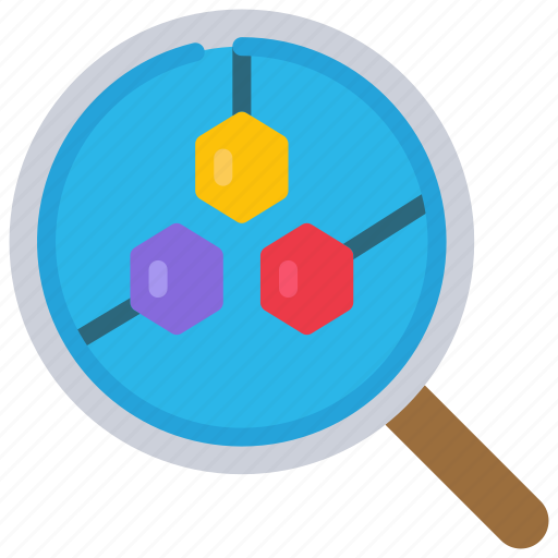 Research, chemicals, science, magnifying, glass, analysis, molecules icon - Download on Iconfinder