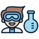 researcher, experiment, scientist, man, chemist, goggles, flask, boy, male