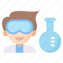 researcher, experiment, scientist, man, chemist, goggles, flask, boy, male