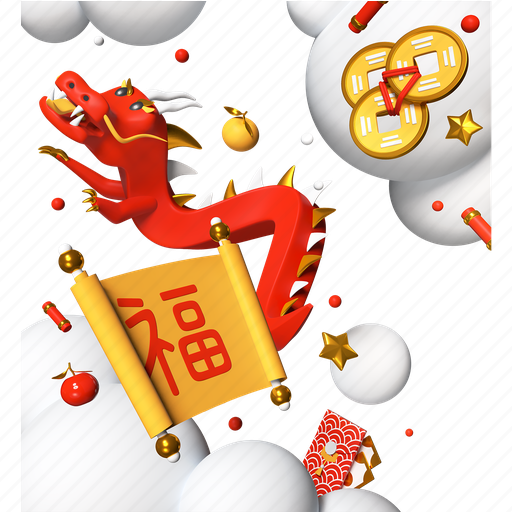 Dragon, hieroglyph, coins, chinese new year 3D illustration - Download on Iconfinder