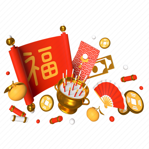 Hieroglyph, fan, chinese new year, prosperity 3D illustration - Download on Iconfinder