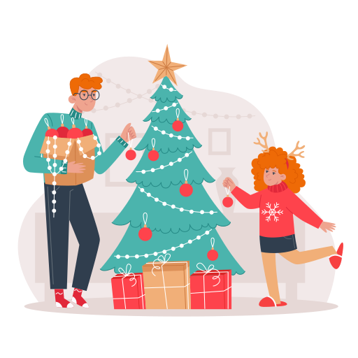 Decorating, family, dad, daughter, christmas tree, christmas, winter illustration - Free download