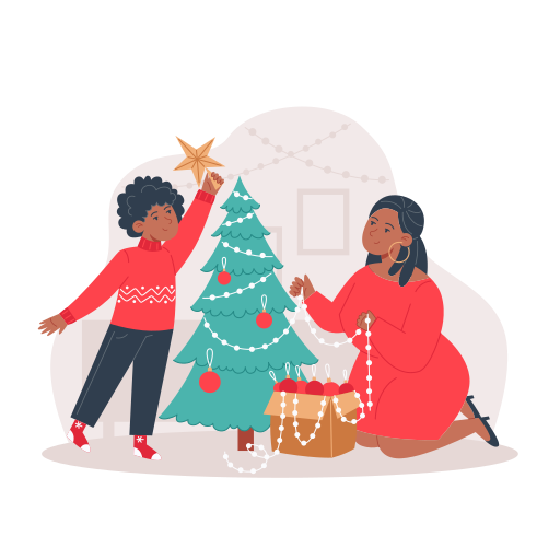 Decorating, family, christmas tree, christmas, christmas decorations, fairy lights, mom illustration - Free download