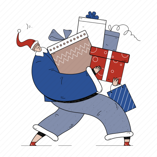 Carries, many, gifts, present, santa claus, holiday, christmas illustration - Download on Iconfinder