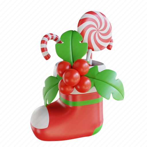 Illustration, holly, candy, christmas, ornament, socks, sweet 3D illustration - Download on Iconfinder