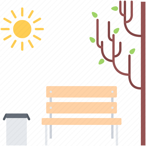 Architecture, bench, bin, building, sun, trash, tree icon - Download on Iconfinder