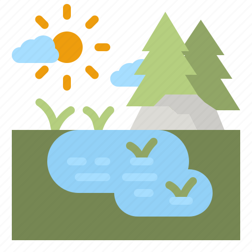 Lake, trees, water, hill, landscape icon - Download on Iconfinder