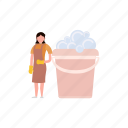 girl, standing, water, bucket, soap, bubbles