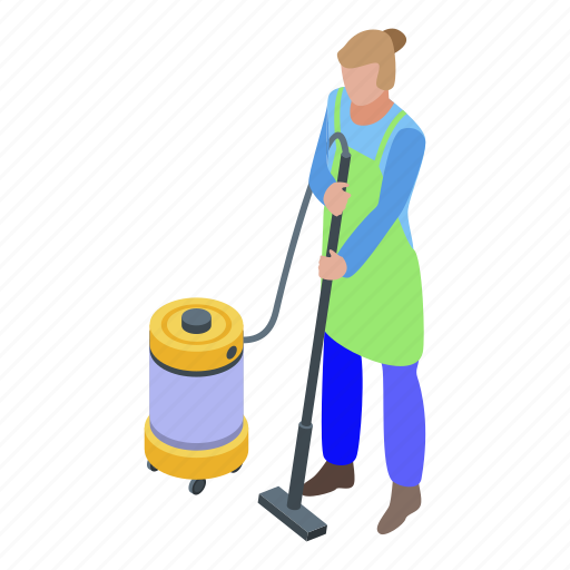 Business, cartoon, cleaner, isometric, use, vacuum, woman icon - Download on Iconfinder