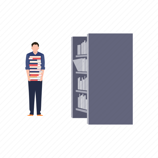 Boy, standing, books, rack, carrying icon - Download on Iconfinder