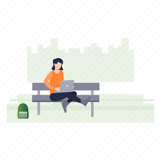 Female, learning, online, laptop, bench icon - Download on Iconfinder