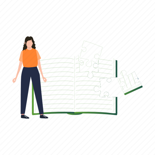 Puzzles, questions, girl, standing, book icon - Download on Iconfinder