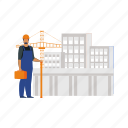 worker, standing, toolbox, construction, industry