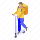 business, cartoon, child, courier, isometric, kick, scooter