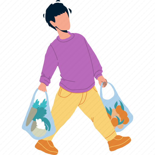 Boy, walking, products, bags, grocery, market illustration - Download on Iconfinder