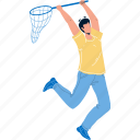 man, catching, butterfly, net, tool
