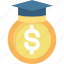 education, loan, dollar, educatoin, investment, graduation, hat 