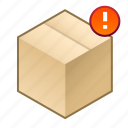 !, box, cube, exclamation mark, important, parcel, shipment