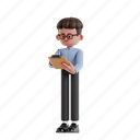 writing, 3d character, 3d illustration, 3d render, 3d businessman, glasses, curly hair, brown hair, pencil, paper, clipboard, check, control, quality control, note, checking, task, register 