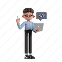 web, development, 3d character, 3d illustration, 3d render, 3d businessman, glasses, curly hair, coding, build, program, system, web developer, software, code, laptop, developer, programmer, script 