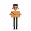 email, 3d character, 3d illustration, 3d render, 3d businessman, glasses, curly hair, mail, letter, message, envelope, postal, sending, communication, mailbox, newsletter, corporate, post 