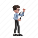 find, 3d character, 3d illustration, 3d render, 3d businessman, glasses, curly hair, magnifying glass, search, look, solution, seo, search engine optimization, research, investigate, analysis, inspect 