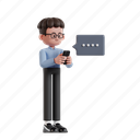 typing, 3d character, 3d illustration, 3d render, 3d businessman, glasses, curly hair, text, chat, message, cell phone, mobile, smartphone, communication, information, chatting, bubble chat 