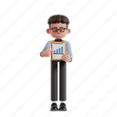 data, 3d character, 3d illustration, 3d render, 3d businessman, glasses, curly hair, presentation, presenting, pointing, finger, clipboard, paper, graph, diagram, annual report, market growth, statistic 