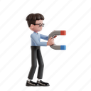 magnet, 3d character, 3d illustration, 3d render, 3d businessman, glasses, curly hair, attract, attraction, benefit, budget, strength, business attraction, energy, catch 