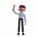 bell, 3d character, 3d illustration, 3d render, 3d businessman, glasses, curly hair, brown hair, ringing, alarm, remind, schedule, emergency, notification, notification bell, sign, reminder, notice 