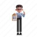 checklist, 3d character, 3d illustration, 3d render, 3d businessman, glasses, curly hair, clipboard, paper, check, complete, task, finish, thumbs up, task list, done, mission completed 