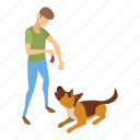 cynologist, dog, give, isometric, meat, woman